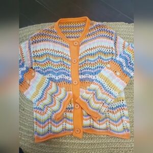 Open-Knit Multicolor Crochet Cardigan - Orange Trim